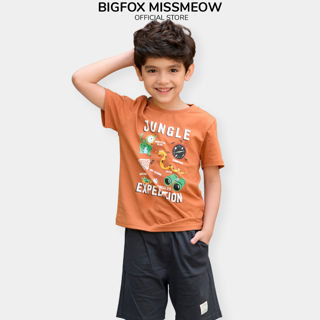 Bộ hè bé trai size đại Bigfox Miss Meow, kiểu cộc tay chất cotton xuất Hàn, in Jungle cho 3,6,9,10,11 tuổi, 30kg, 40kg