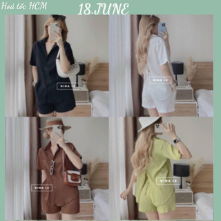Set bộ đũi sọc 2 món áo sơ mi cột dây nơ lưng kèm quần đùi đi biển 18June