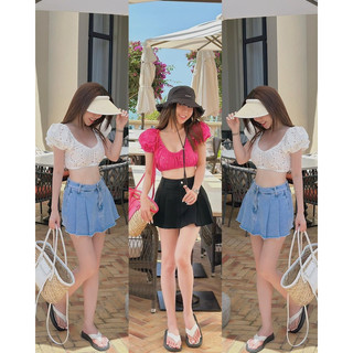 Áo ren nổi croptop tay phồng