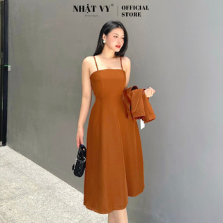 Đầm 2 dây đi chơi Nhật Vy dáng xoè chất lụa màu nâu, đen phù hợp cafe dạo phối sang chảnh - D2682