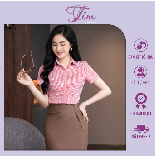 Áo Sơ Mi Nữ Công Sở Thiết Kế Họa Tiết Caro Đẹp Ngắn Tay Vải Hàn Cao Cấp Không Nhăn Nhàu NK FASHION NKSM2012010