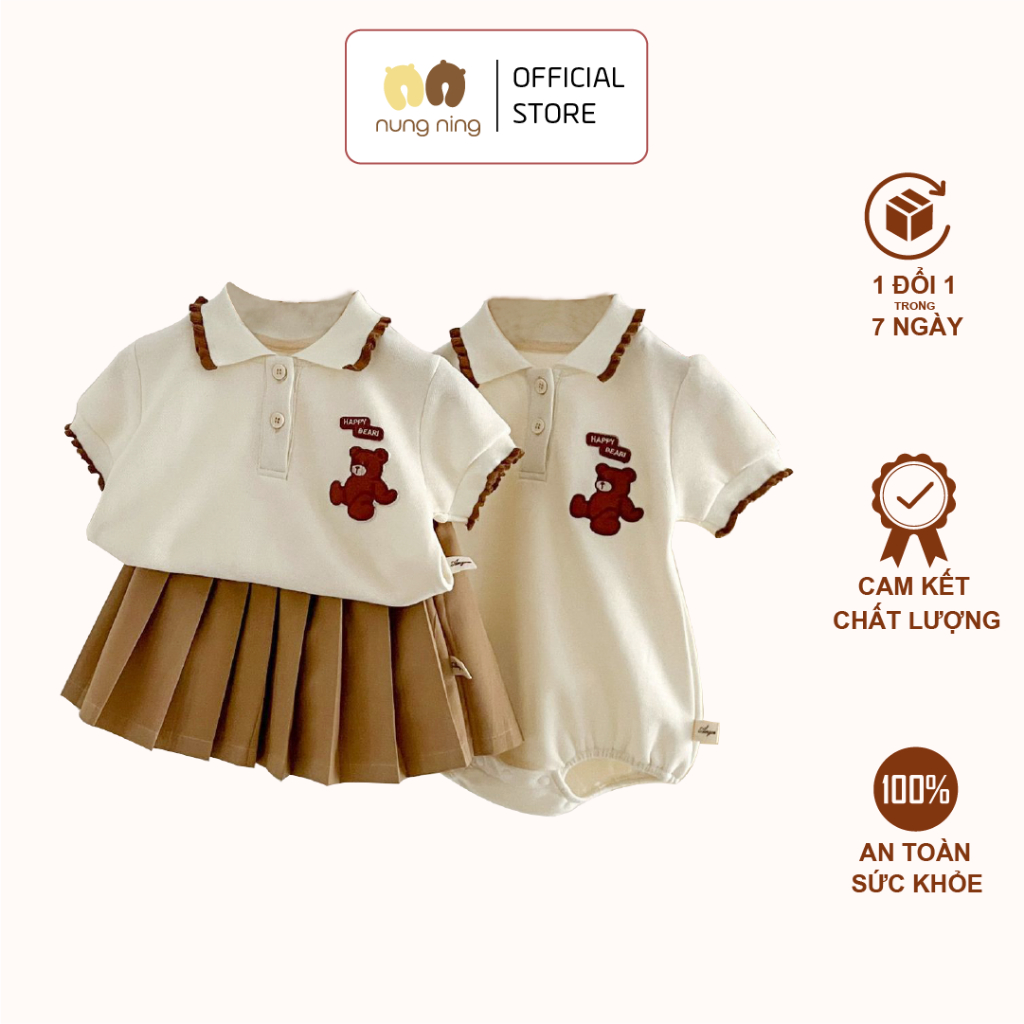 Set váy xếp ly thêu gấu, áo POLO chân váy xếp ly style bé gái Hàn Quốc mới nhất tại Nung Ning Baby