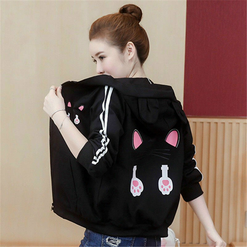 Áo khoác nữ, áo khoác dù chống nắng 2 lớp in mèo cute, áo gió có nón phối viền in mèo sau lưng cá tính mtb