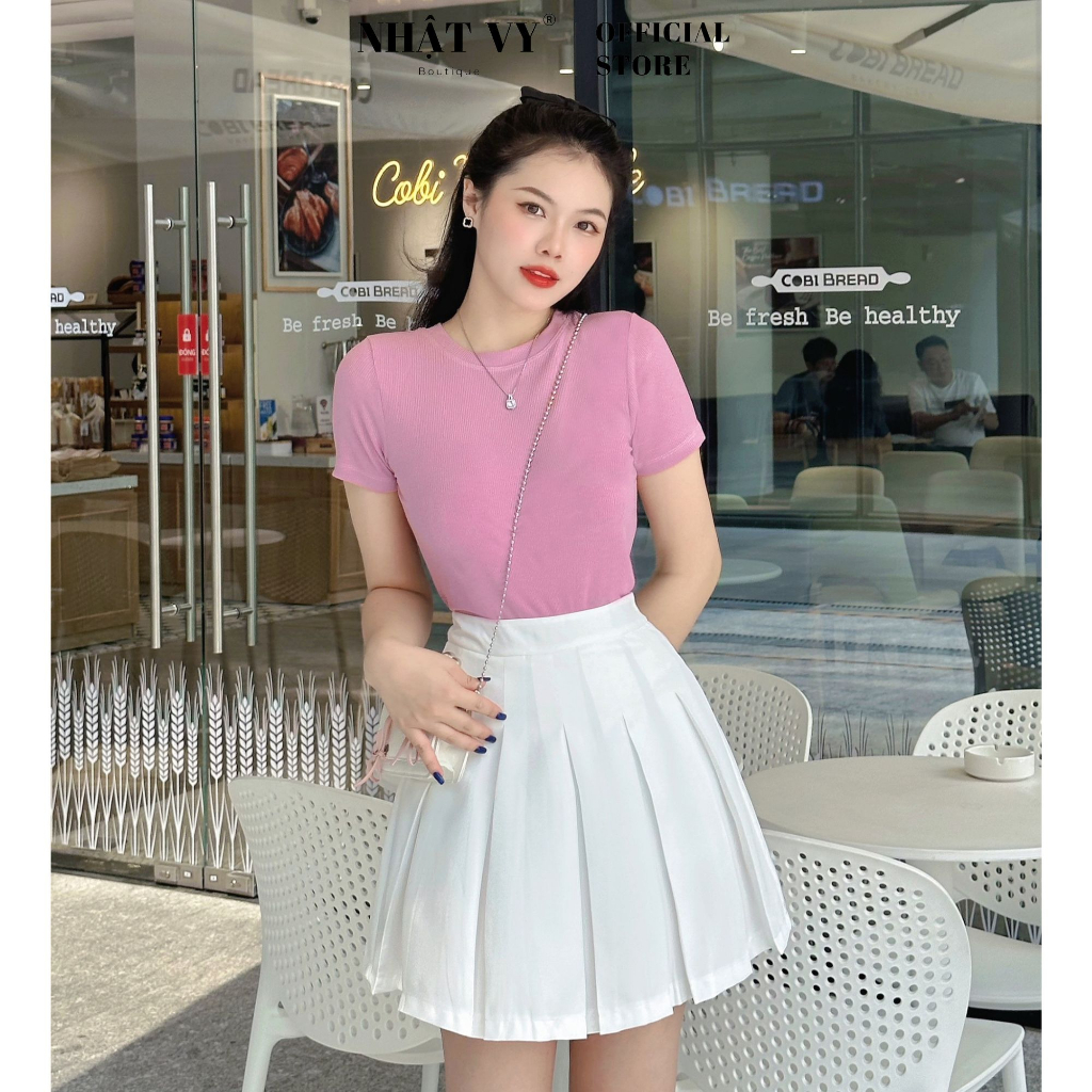 Áo thun nữ Nhật Vy tay ngắn cổ tròn dáng ôm chất gân lụa co giản nhiều màu phù hợp đi chơi - D2715