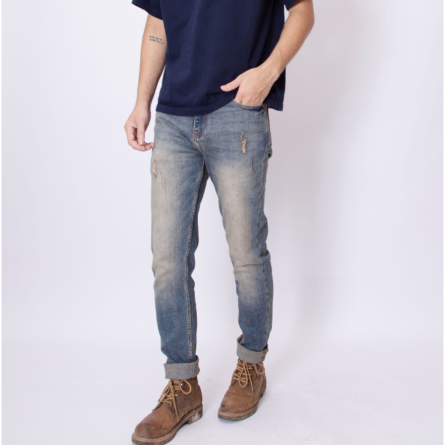 Quần jean nam LAB+ COTTONLAB quần bò nam màu xanh bụi bặm, chất co dãn from slimfit cao cấp
