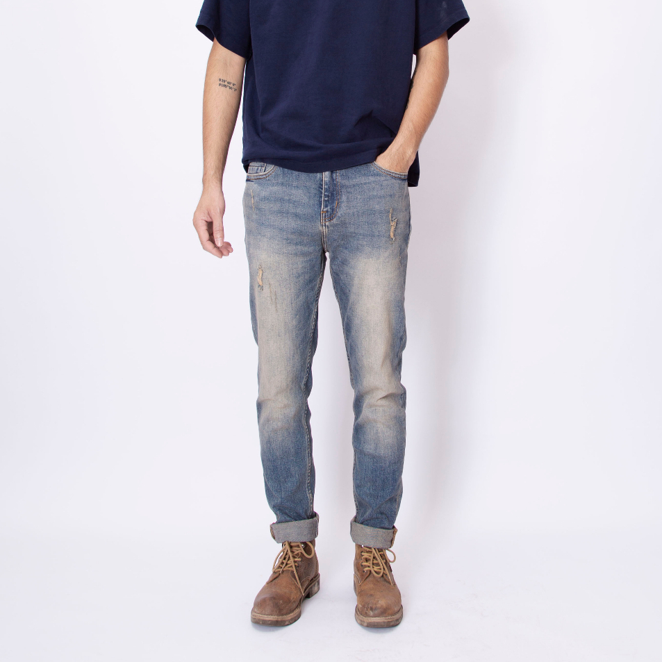 Quần jean nam LAB+ COTTONLAB quần bò nam màu xanh bụi bặm, chất co dãn from slimfit cao cấp