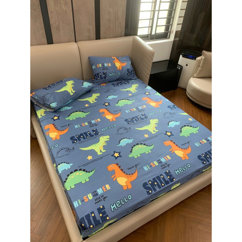 Bộ Ga Gối 3 Món Cotton 100% Khủng Long Ăn Cỏ
