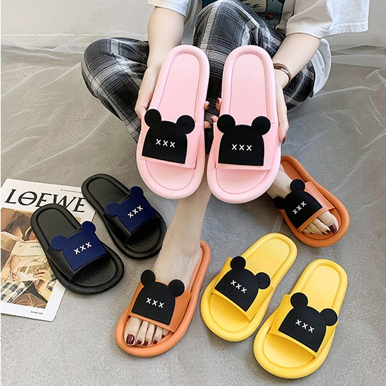 Dép Lê Nam Nữ Đế Bệt Thiết Kế Tạo Hình Tai Chuột Mickey Ngộ Nghĩnh, Dép Quai Ngang Unisex Trẻ Trung Năng Động Đi Êm Chân