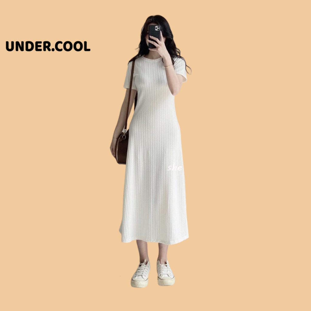 Đầm len body UNDERCOOL Midi Xương Cá Co Dãn Bốn Chiều Cổ Tròn Kiểu Dáng Basic