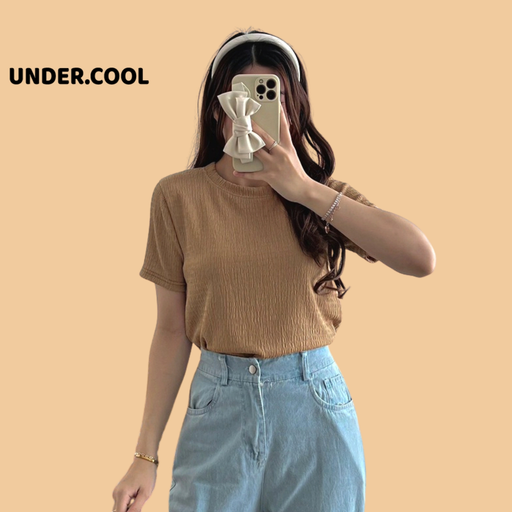 Áo xốp nhăn cộc tay cổ tròn UNDERCOOL  baby tee, Áo thun cộc tay nữ form vừa- phông gân tăm ACT01