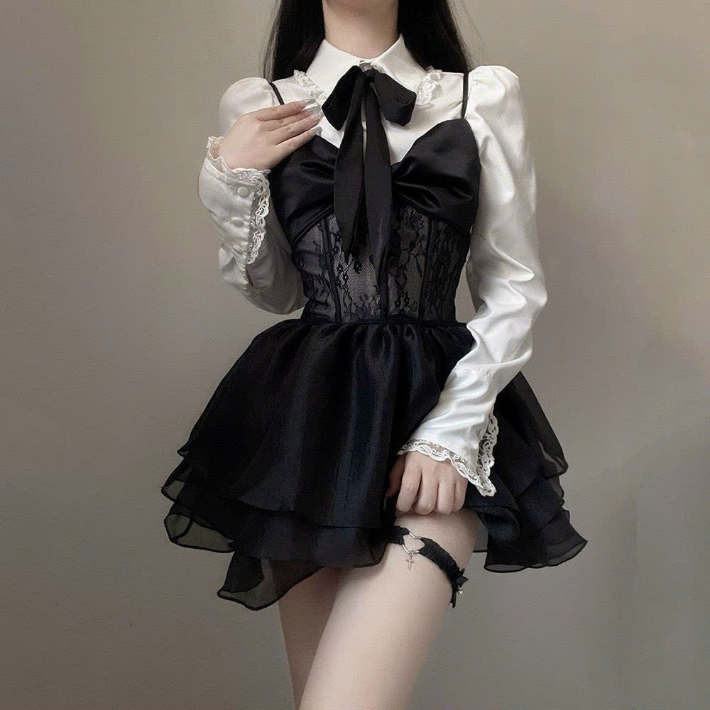 ĐẦM HAI DÂY REN XÒE KÈM ÁO TAY DÀI CỔ SƠ MI XINH XẮN NỮ TÍNH