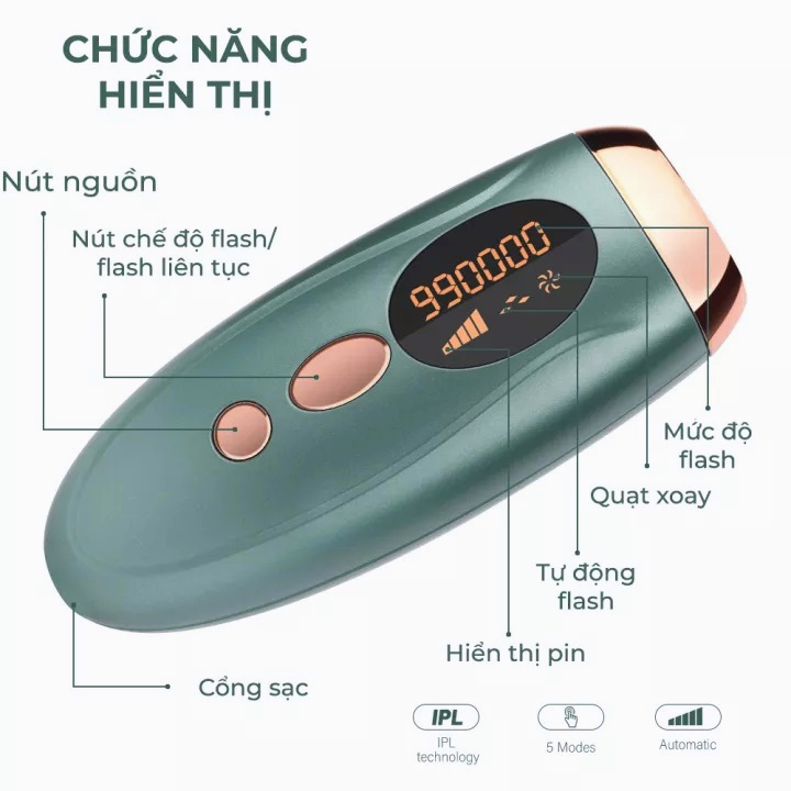 Máy triệt lông cầm tay IPL hàng chính hãng, máy triệt lông tay, lông nách, vùng kín，tặng kính và dao cạo,
