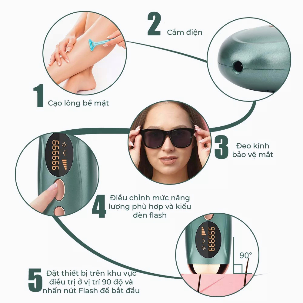 Máy triệt lông cầm tay IPL hàng chính hãng, máy triệt lông tay, lông nách, vùng kín，tặng kính và dao cạo,