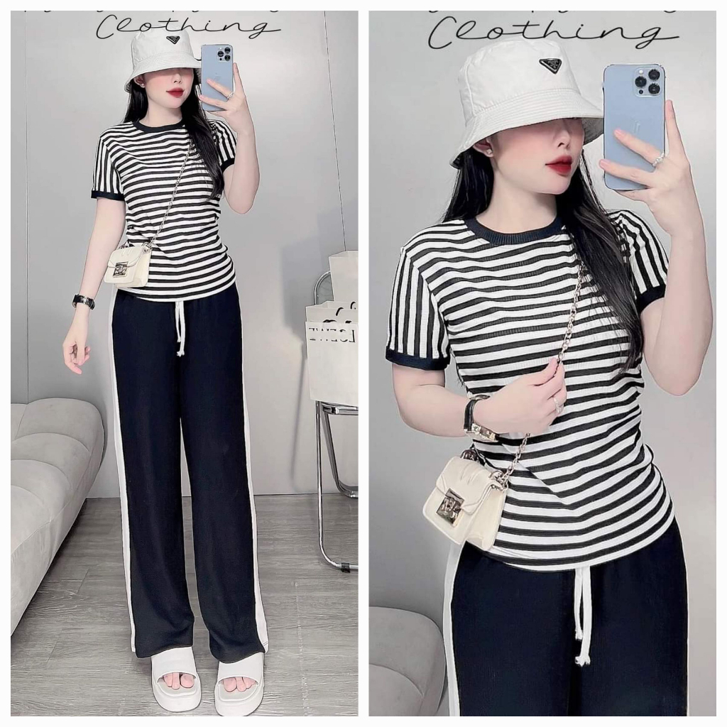Set đồ bộ , bộ quần ống rộng lưng cao có túi áo thun ôm cổ tròn tay ngắn vải thun cotton xịn, bộ mặc nhà nữ