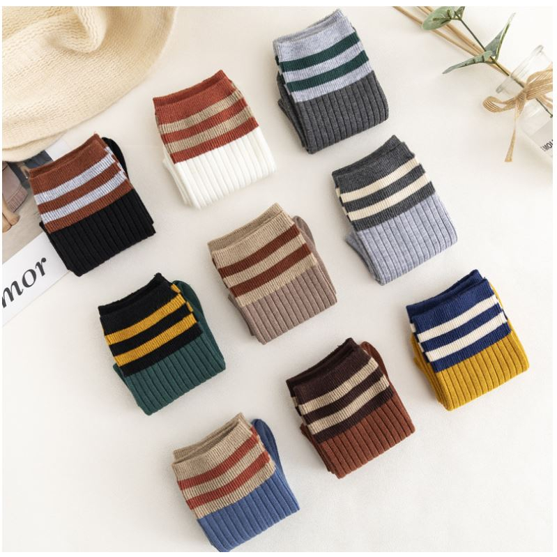 Tất Vớ cổ cao unisex kẻ ngang phong cách vintage dành cho nam và nữ