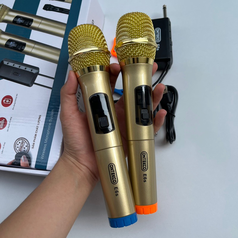 Micro không dây karaoke Ontekco E6s gold bản cao cấp Chuyên Dành Cho Mọi Loa Kéo, Âm Ly, Tần Số 50, Hát Nhẹ Êm Đa Năng