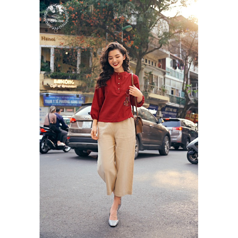 Áo Thêu Tay Lá In Hoa Sơmi Cổ Tàu Linen Mềm Mát