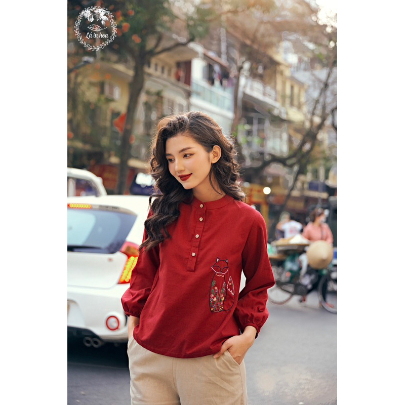 Áo Thêu Tay Lá In Hoa Sơmi Cổ Tàu Linen Mềm Mát