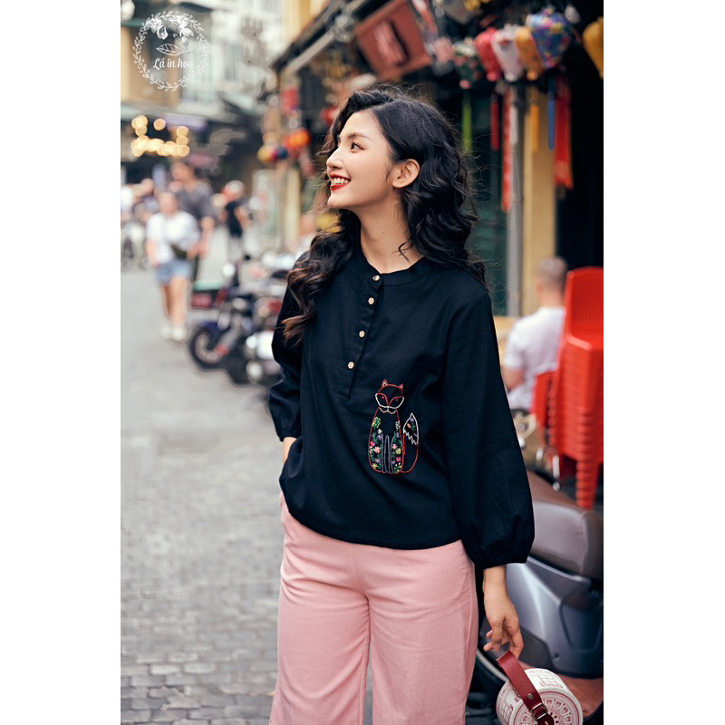 Áo Thêu Tay Lá In Hoa Sơmi Cổ Tàu Linen Mềm Mát