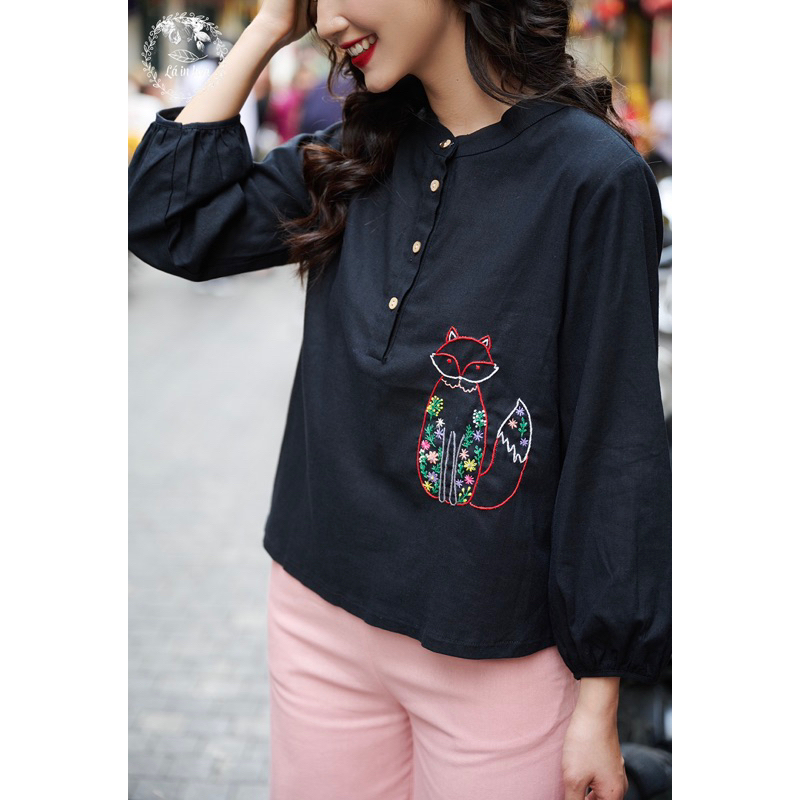 Áo Thêu Tay Lá In Hoa Sơmi Cổ Tàu Linen Mềm Mát