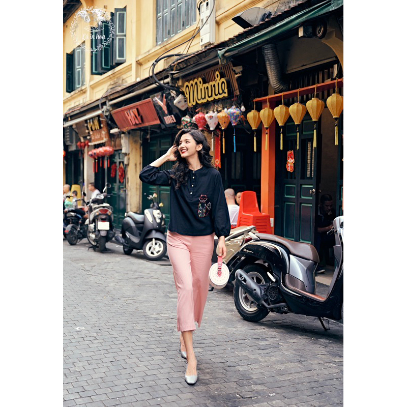 Áo Thêu Tay Lá In Hoa Sơmi Cổ Tàu Linen Mềm Mát