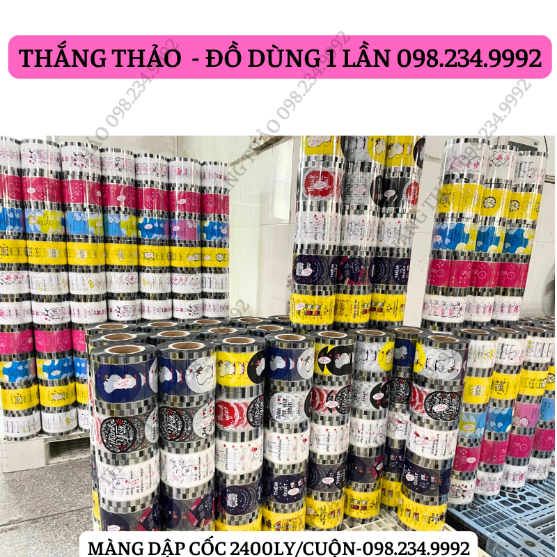 Cuộn màng ép ly nhựa, màng dập cốc in sẵn mẫu nhiều hình thù và câu nói hài hước, thú vị