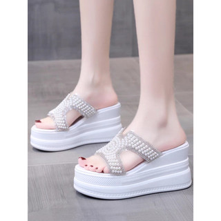 Dép đế bằng quai đính ngọc trai - đế cao 9p
