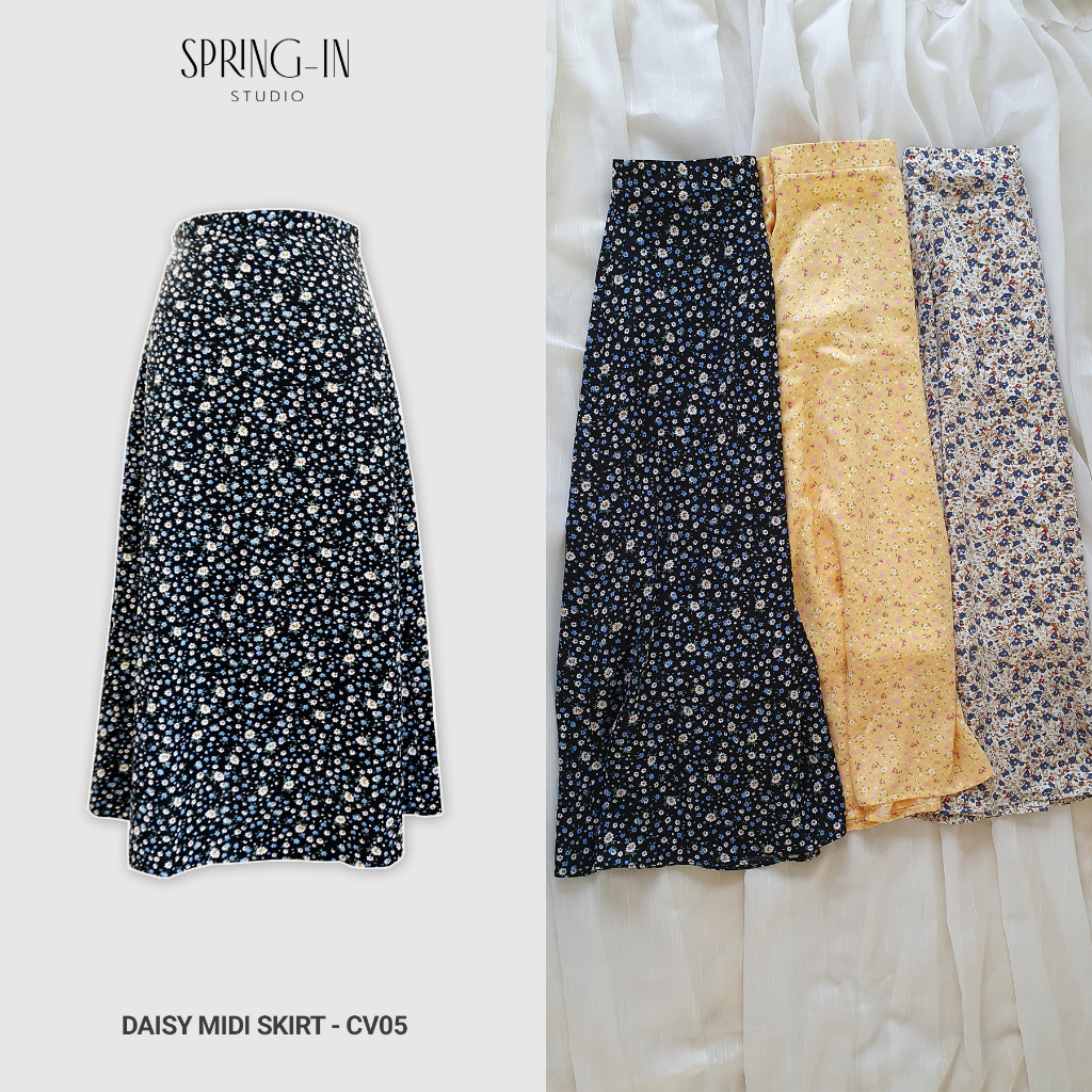 Chân váy midi chữ A hoa nhí thiết kế dáng dài phong cách Hàn Quốc - Daisy Midi Skirt Cv05