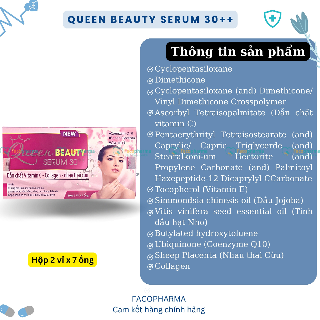 Collagen queen beauty serum 30++ vitamin C thai nhau cừu giúp dưỡng ẩm làm mềm da mờ vết thâm chống lão hoá TPN6F10