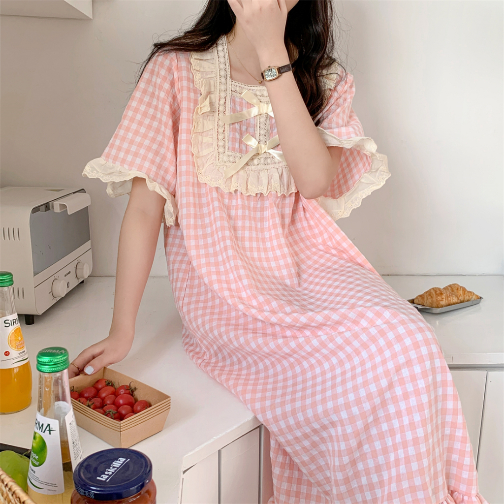 Sweetiebaby VÂY NGỦ ULZZANG CỘC TAY KẺ CARO PHỐI BÈO rẻ nhất shopee