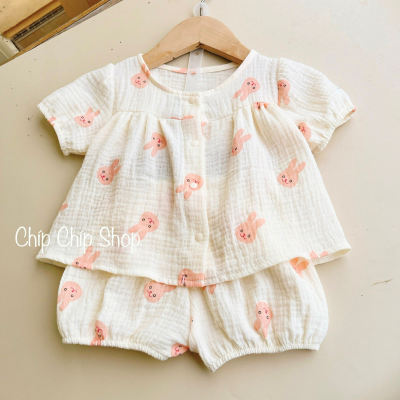 Bộ xô muslin cộc tay dáng babydoll cho bé gái