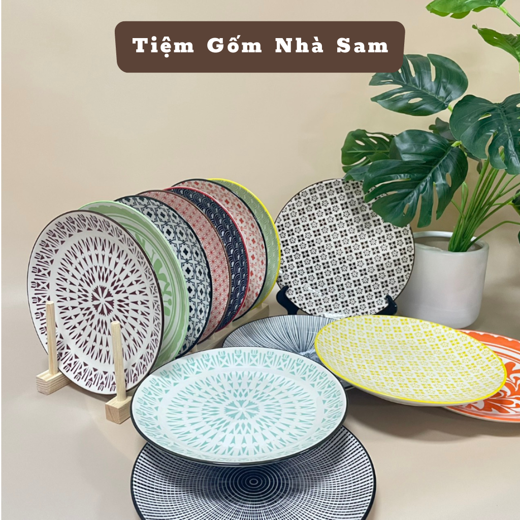 Đĩa Gốm Tròn Phong Cách Nhật Bản Size 20cm Của Tiệm Gốm Nhà Sam, Đĩa Sứ Trang Trí Món Ăn Sang Trọng Họa Tiết Đa Dạng Màu