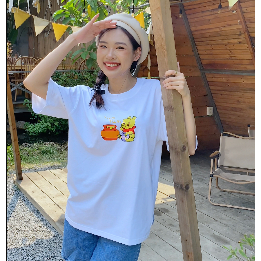 Áo thun Unisex hoạt hình GẤU POOH vải cotton oversize tay lỡ form rộng