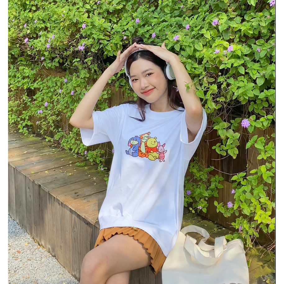 Áo thun Unisex hoạt hình GẤU POOH vải cotton oversize tay lỡ form rộng