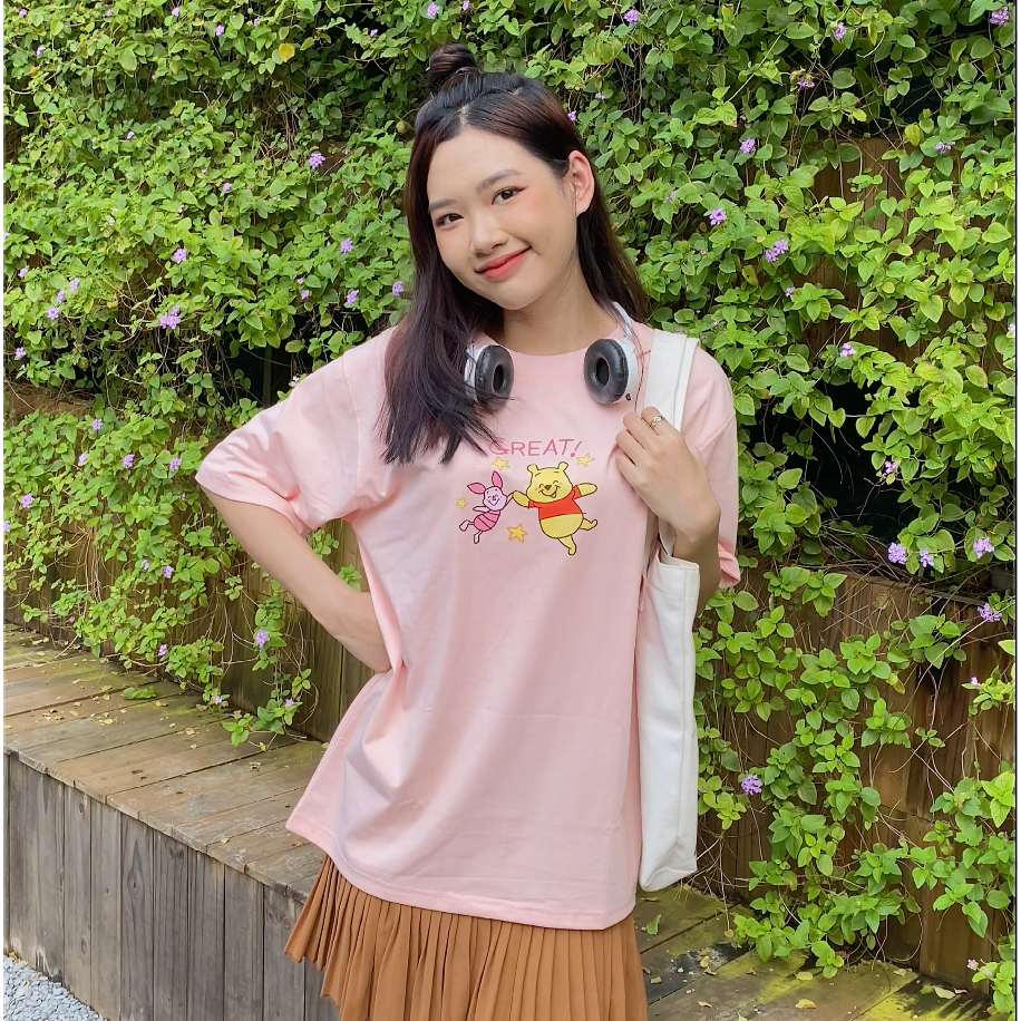 Áo thun Unisex hoạt hình GẤU POOH vải cotton oversize tay lỡ form rộng