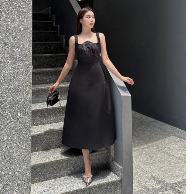 Đầm midi xếp nhún ngực , Peace House Clothing