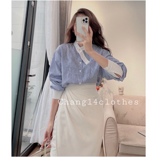 Áo sơ mi kẻ cổ điệu free size tay pha có size dáng basic dễ phối đồ