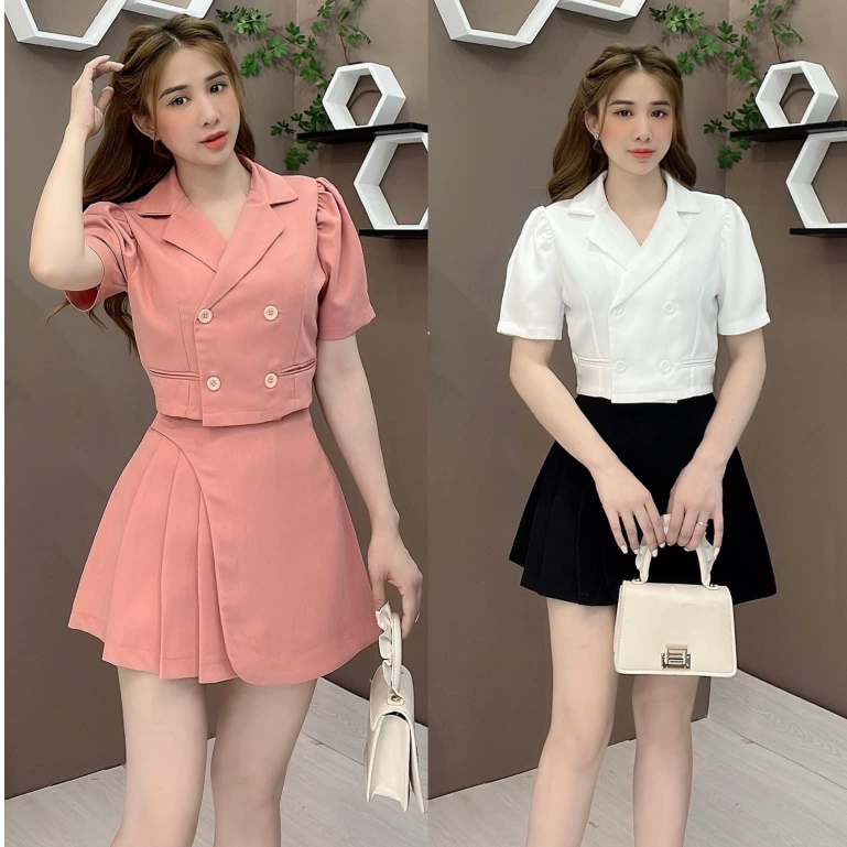 Set váy áo vets cổ sơ mi tay bồng tay bo chun mix chân váy xòe xếp ly tiểu thư set đồ nữ kiểu hàn cao cấp