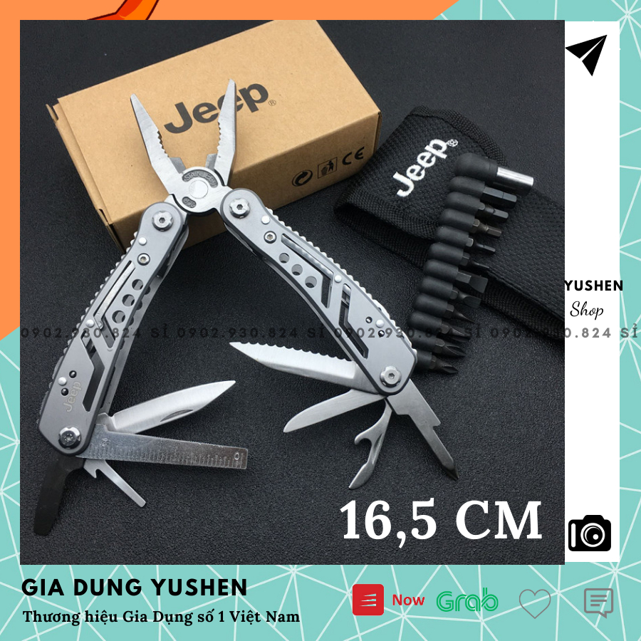 Kiềm Thép Jeepp Đa Năng Lớn 16,5 cm có bao da, 13 chức năng kiềm tua vít,cưa,dao, mở khui bia, giũa