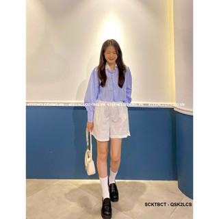 Áo sơmi croptop kẻ tay bồng cổ trắng hot trend