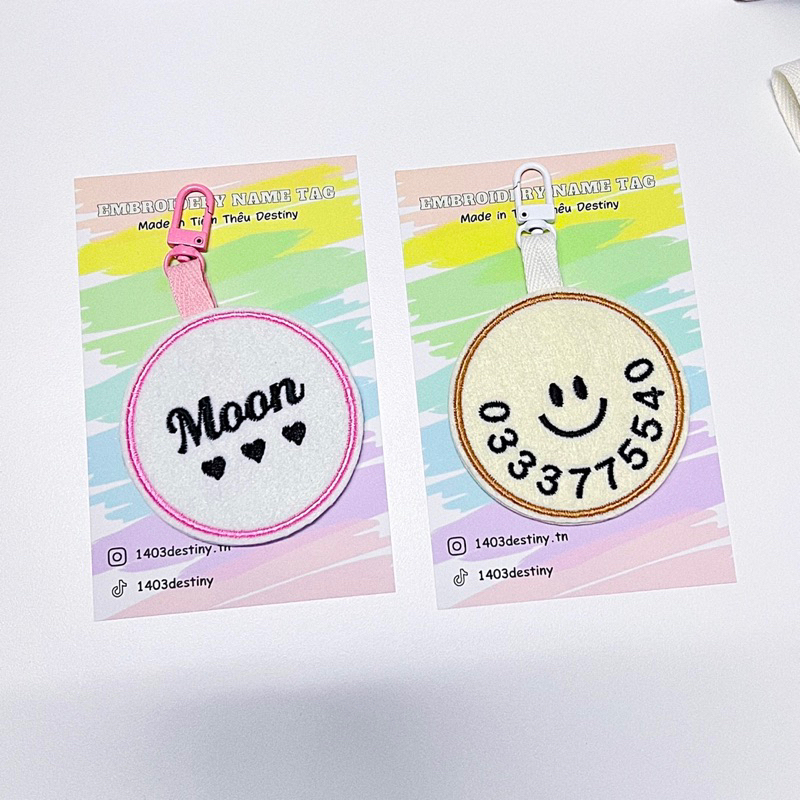 Name tag tròn thêu tên bé chống thất lạc siêu dễ thương