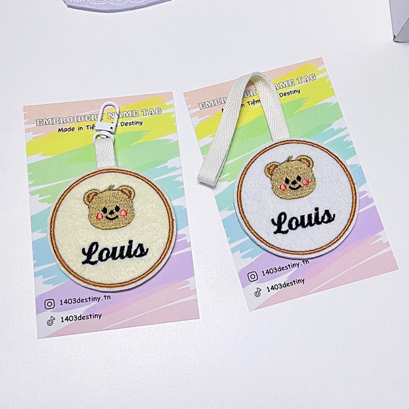 Name tag tròn thêu tên bé chống thất lạc siêu dễ thương