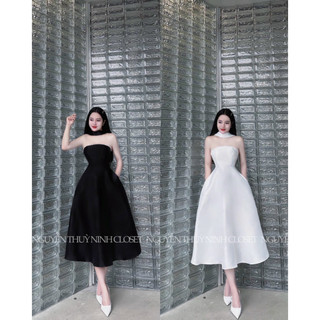 Thời trang đầm dự tiệc cup ngực đính cườm chiết eo dáng xòe kiểu vòng cổ 2 màu trắng đen vải tafta lên from