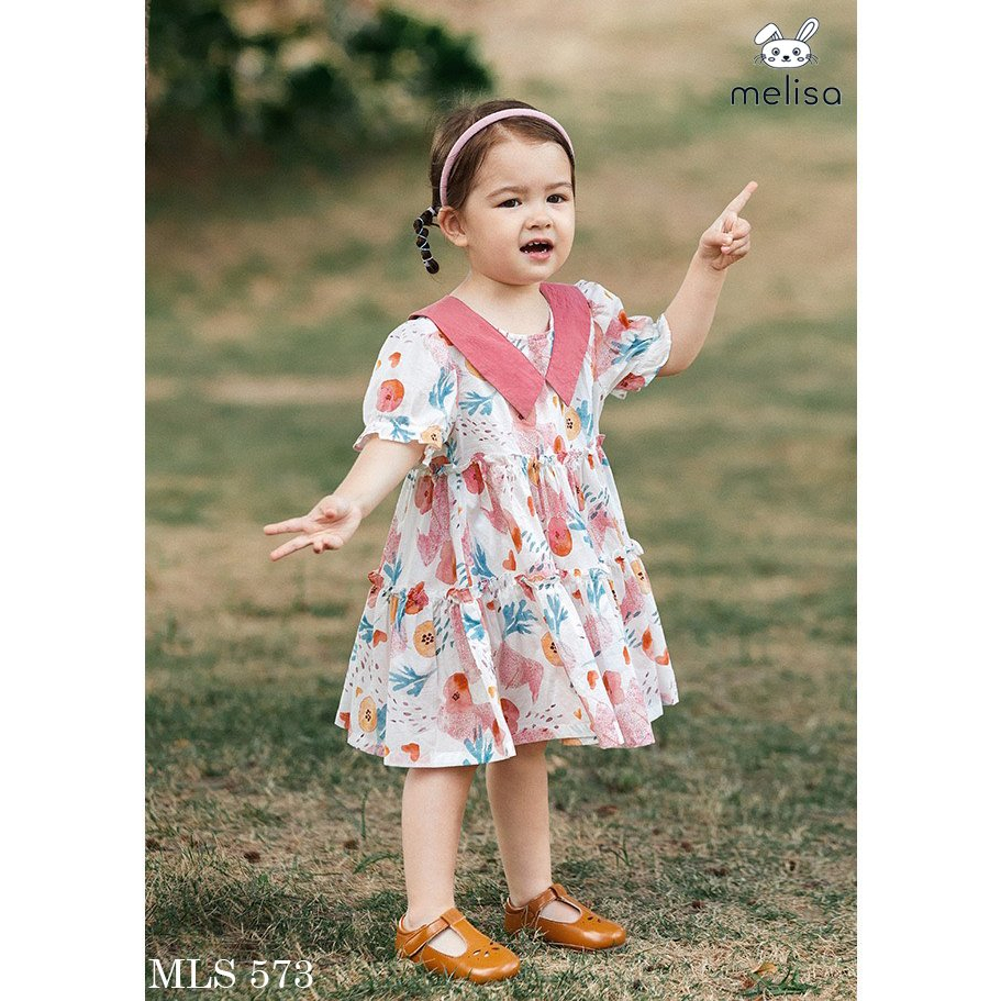 Váy Hè Bé Gái MELISA, Váy Cổ Sen Cách Điệu Tay Bồng Siêu Xinh, Size 18M-11Y, MLS 573
