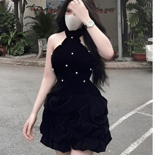 ĐẦM  NHUNG TK CỔ YẾM ĐÍNH CƯỜM DÁNG Bí SANG CHẢNH