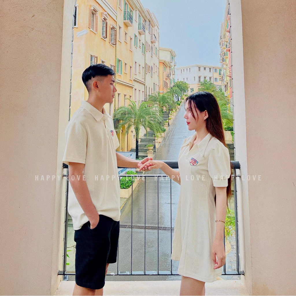 Đồ đôi nam nữ set cặp áo váy đôi mùa hè couple HAPPYLOVE màu be chất cotton cao cấp M019
