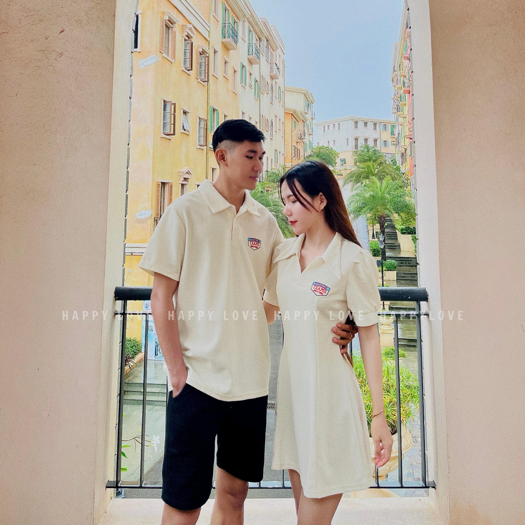 Đồ đôi nam nữ set cặp áo váy đôi mùa hè couple HAPPYLOVE màu be chất cotton cao cấp M019