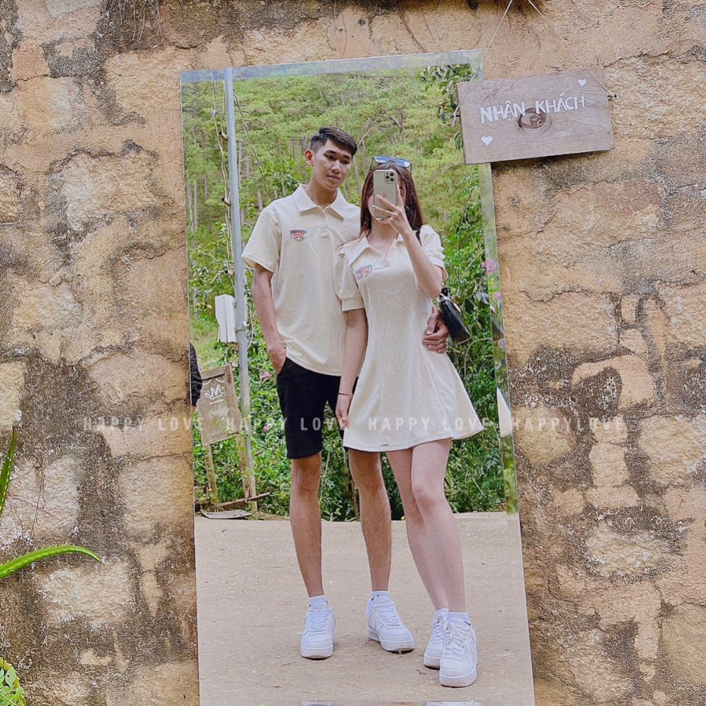 Đồ đôi nam nữ set cặp áo váy đôi mùa hè couple HAPPYLOVE màu be chất cotton cao cấp M019