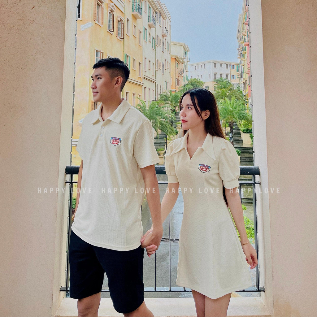 Đồ đôi nam nữ set cặp áo váy đôi mùa hè couple HAPPYLOVE màu be chất cotton cao cấp M019