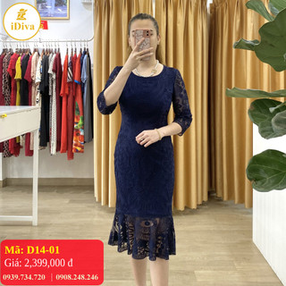 Đầm trung niên iDiva D14-01 dáng ôm tay lỡ, chất liệu ren nổi 3D cao cấp phù hợp u50 dự tiệc sang trọng